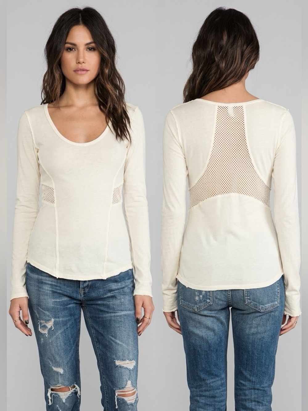 Free People Jane Cozy Jersey Sheer Mesh Contrast Tee Sz L